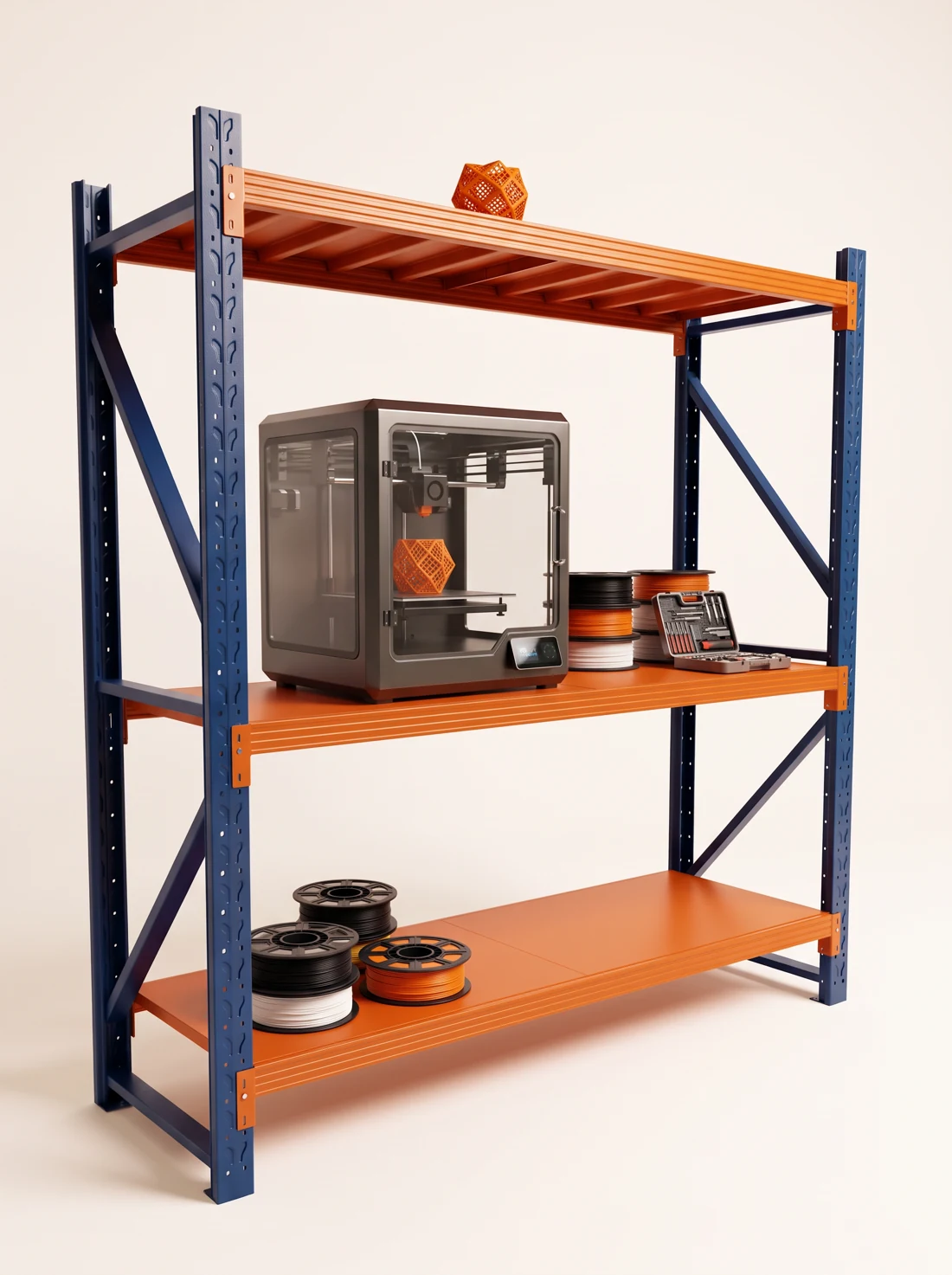 Mini Porta-Palete FortMac azul e laranja com três níveis, impressora 3D e filamentos organizados em estúdio