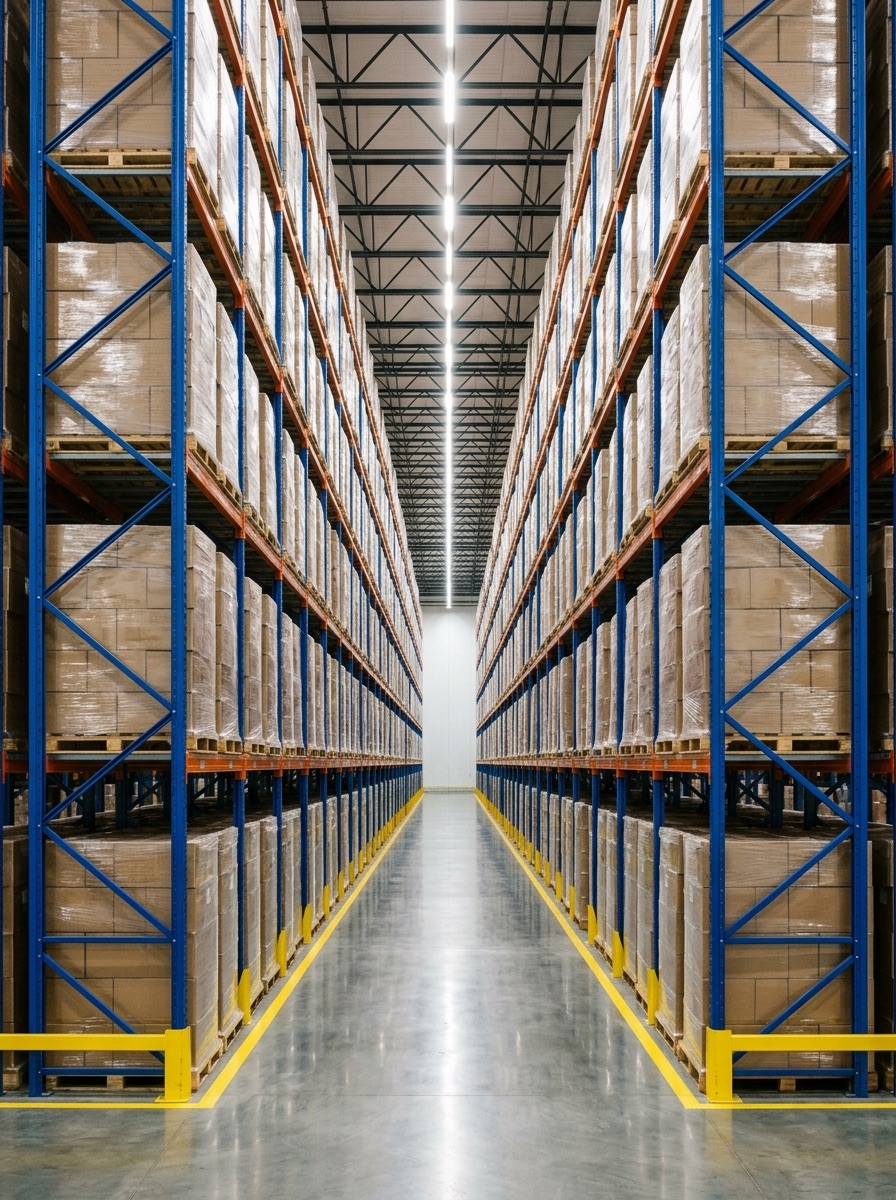 Corredor de porta-pallets industriais azul e laranja em centro de distribuição