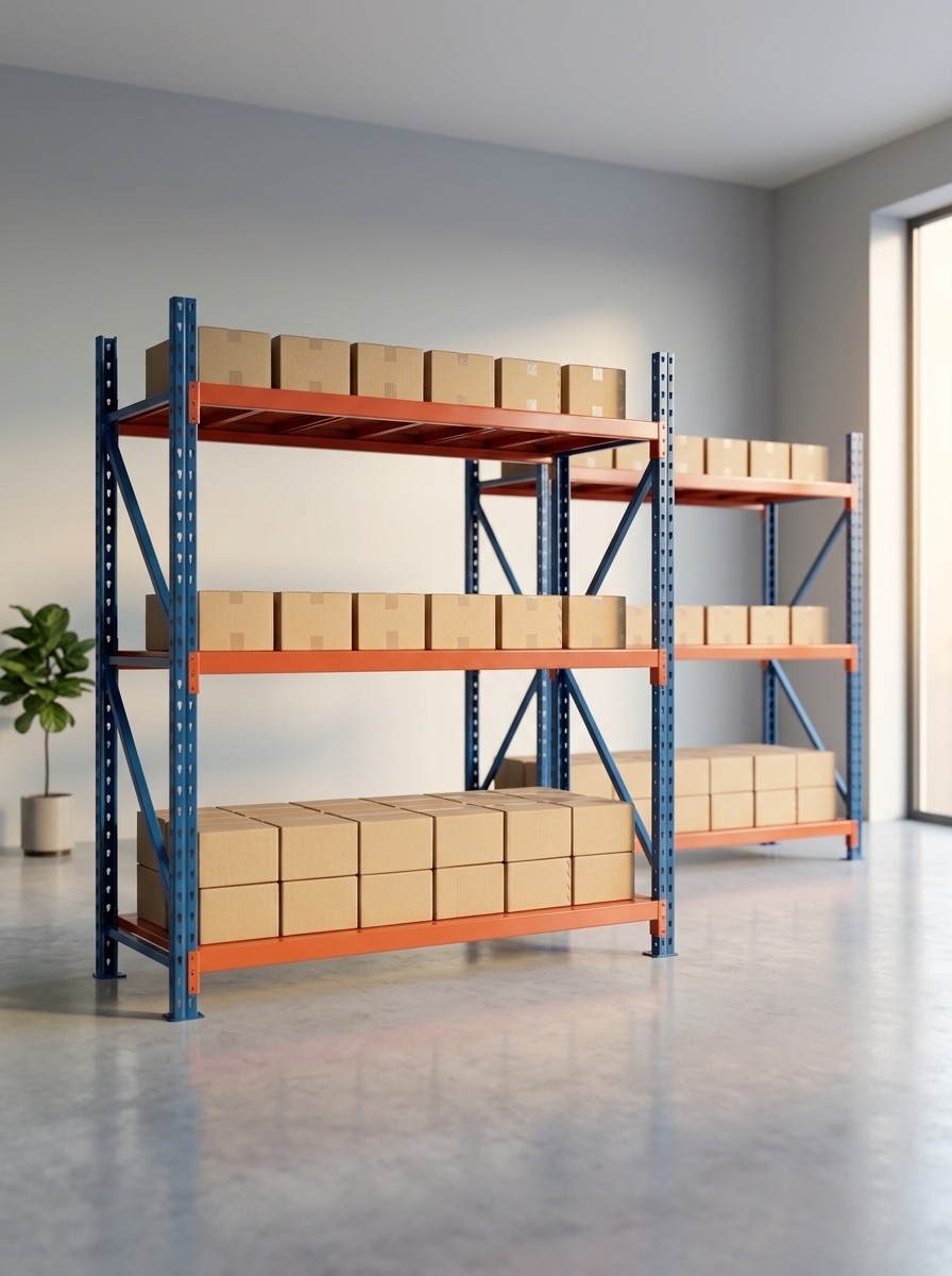 Dois Mini Porta-Pallets azul e laranja carregados em um estoque claro